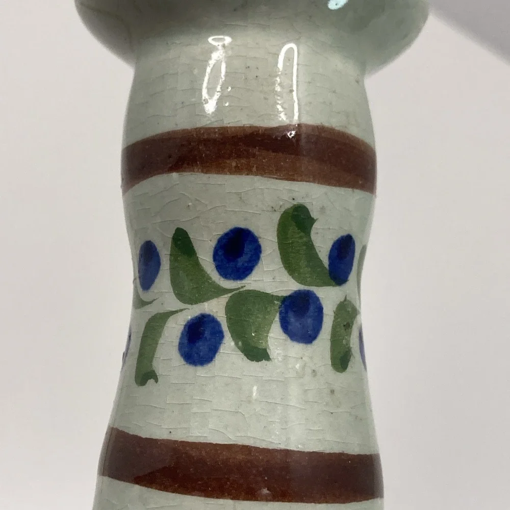 Vtg Folk Art Floral Mexican Tonala Pottery Candle Stick Holder‎ Signed 6 3/8